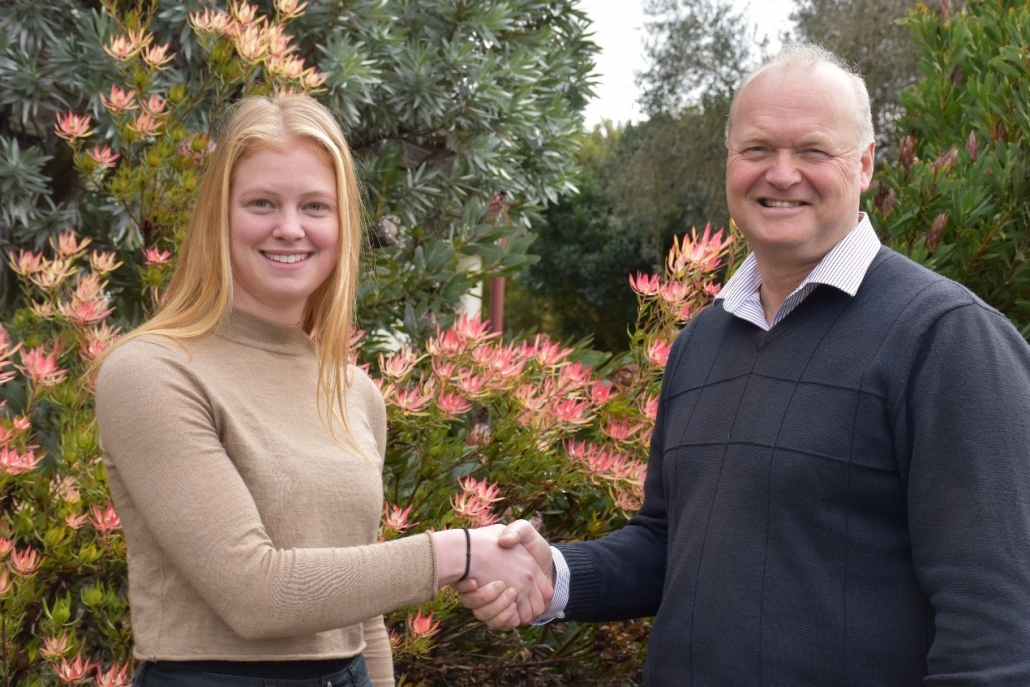 Lincoln University Professor, Dr Derrick Moot congratulates Jessica on winning the Luisetti Seeds Plant Production Systems Award.